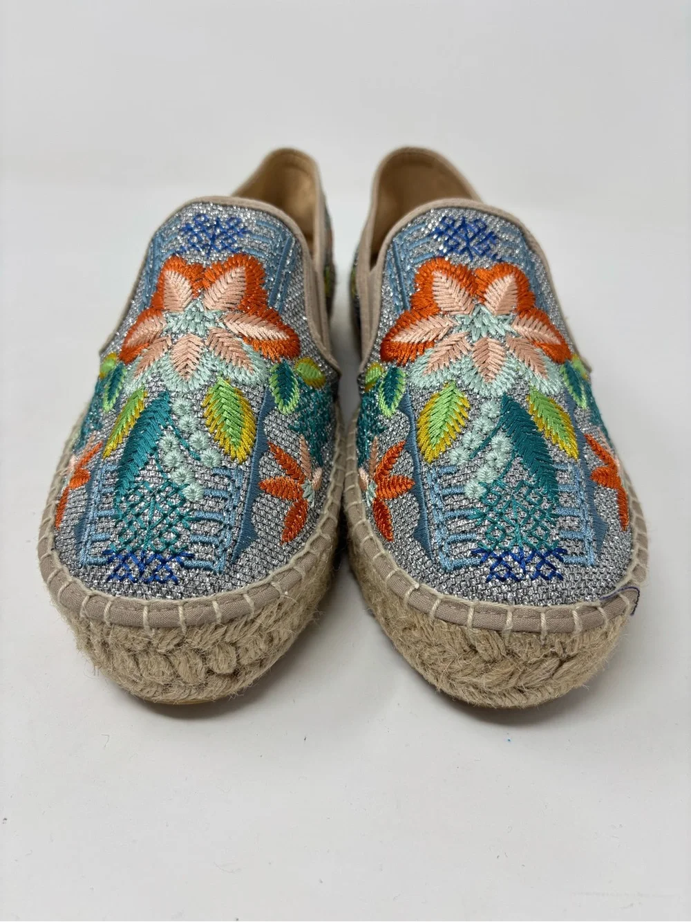 NWOT JOHNNY WAS ELYSIA METALLIC FLORAL EMBROIDERED PLATFORM ESPADRILLES SIZE 40